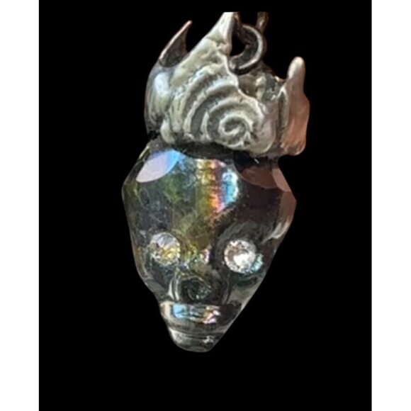 Mixed Media Crystal Skull Pendant VNTG Art-Deco Black Onyx & Silver Metalwork